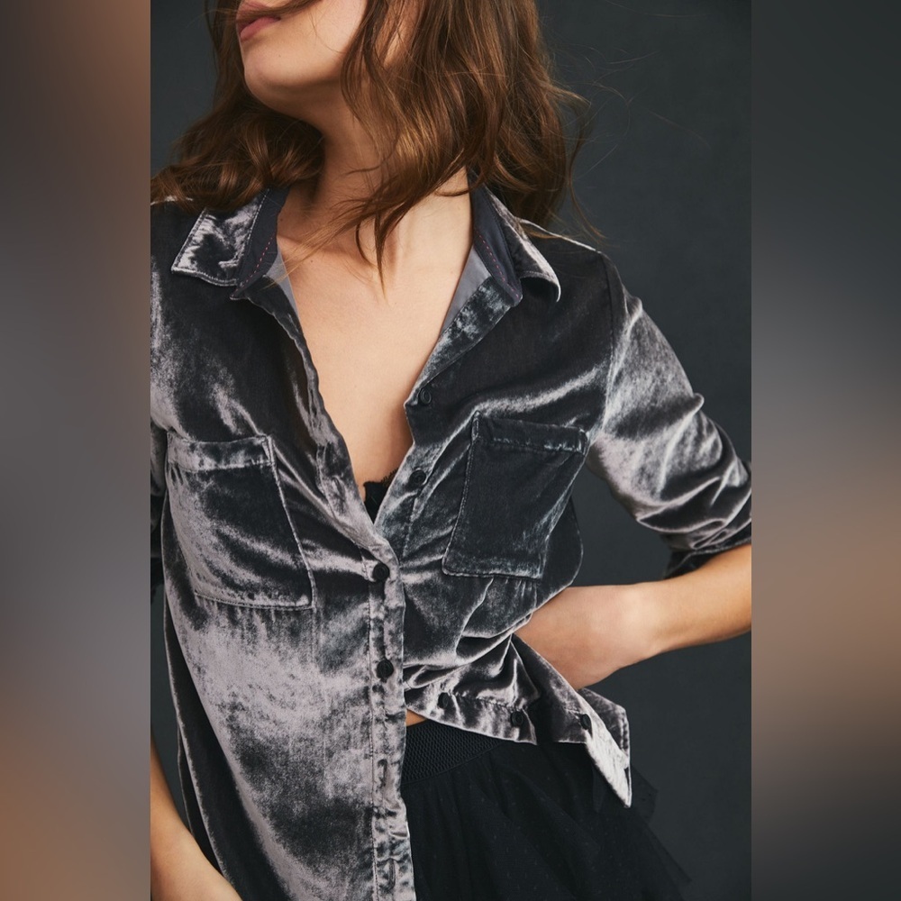 Anthropologie pilcro Hadley velvet button down collar shirt slate medium